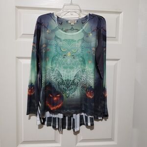 ONE WORLD Multicolor Owl and Pumpkin Top